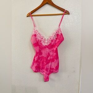 Free People Pink Tie Dye Lace Trim Bodysuit Camisole Lingerie Top Coquette Boho